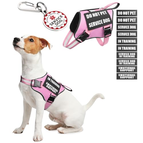 Service Dog Vest Harness+ID Tag+10 Patches,Metal Serivce Dog Tag&Reflective Emotional Support Dog Vest with Handle for Small Dogs,Easy Put On/Off for Training/Walking/Everyday Pink XS - color: Pink, size: XS