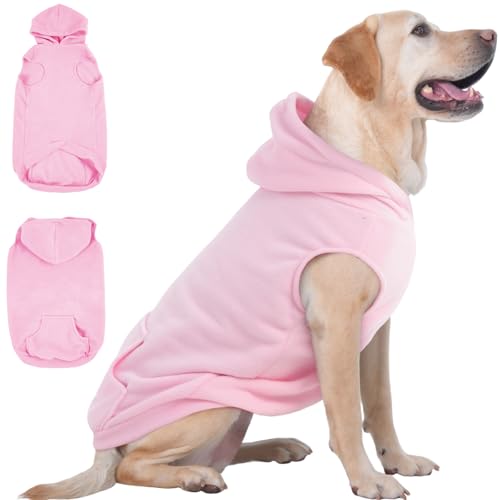 IECOii XXL Dog Hoodie for Large Dogs, Fleece Dog Sweatshirt for Large Breed Male Female Dogs,Pet Pouch Hoodie Winter Sweater Coat with Leash Hole, Warm & Lightweight Outfit for Pitbull, Pink, 2XL - color: Pink, size: XX-Large