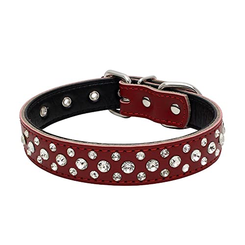 Rhinestones Dog Collar, Adjustable Sparkly Crystal Studded Genuine Leather Pet Dog Collar for Small and Medium Dogs (M, Red) - color: Red, size: Medium