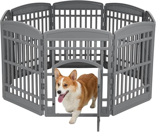 IRIS USA 34" Dog Playpen Tall Dog Playpen Indoor – 8-Panel Puppy Playpen with Door, 63 x 63 x 34, Extra Tall Dog Play Pen Indoors for Large Dogs, Plastic Pet Playpen, Indoor Dog Pen, Gray - color: Gray, size: 8 Panel - 34" H