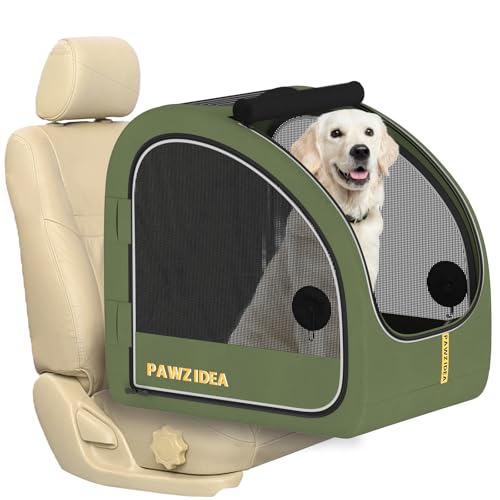 PAWZIDEA Portable Dog Crate for Car Travel, Collapsible Pet Travel Crates for Medium & Large Dogs Up to 80lbs, Enclosed Soft-Sided Car Kennel Carrier for Backseat, Secures w/Seatbelt & Headrest Strap - color: Forest Green, Large