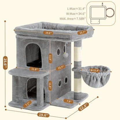 Heybly Cat Tree, 25.6-inch Cat Tower with Spacious Top Perch for Large Cats, Stair-Style Cat House Furniture with Dual-Layer Condos, Sisal Scratching Posts, Cozy Basket & Pompom, Light Gray HCT204SW - color: Light Gray, size: 25.6 inch