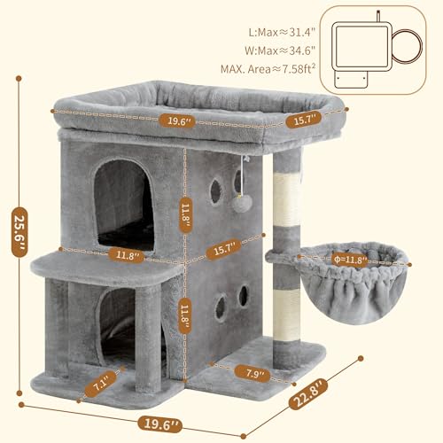 Heybly Cat Tree, 25.6-inch Cat Tower with Spacious Top Perch for Large Cats, Stair-Style Cat House Furniture with Dual-Layer Condos, Sisal Scratching Posts, Cozy Basket & Pompom, Light Gray HCT204SW - color: Light Gray, size: 25.6 inch
