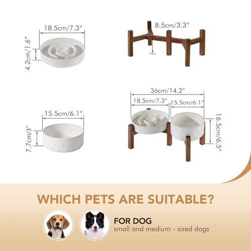 Havniva 1.2 Cup Elevated Slow Feeder Dog Bowls, 7.3” Dog Slow Feeding Bowls + 6.1” Ceramic Dog Water Bowls Set with Acacia Wood Stand, Dog Food Bowls Puzzle Feeder for Small Dogs Non-Slip Anti-choking - color: 2 x White + Stand - A, size: M- 7.3inch / 1.2