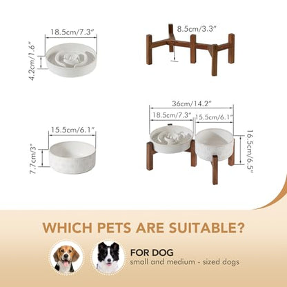 Havniva 1.2 Cup Elevated Slow Feeder Dog Bowls, 7.3” Dog Slow Feeding Bowls + 6.1” Ceramic Dog Water Bowls Set with Acacia Wood Stand, Dog Food Bowls Puzzle Feeder for Small Dogs Non-Slip Anti-choking - color: 2 x White + Stand - A, size: M- 7.3inch / 1.2