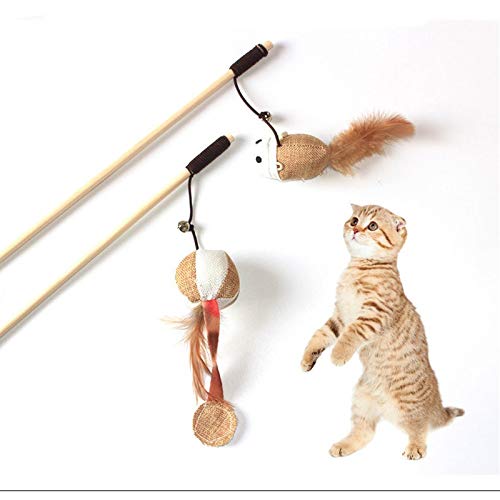 Artshu 6pcs 40cm Feather Linen Wand Cat Catcher Teaser Stick Interactive Toys Wood Rod Mouse Toy with Mini Bell