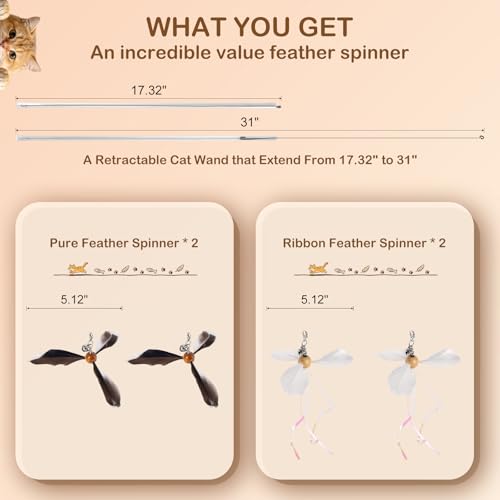 Retractable Cat Wand Toy with Spinning Natural Feather – Interactive Cat Teaser Wand for Indoor Cats, Adjustable Lightweight Cat Toy Wand with 4 Feather Refills - No String Version - color: No String Version