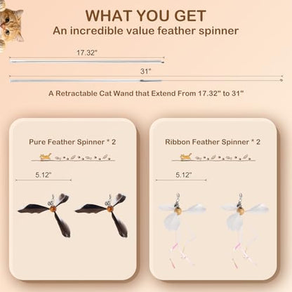 Retractable Cat Wand Toy with Spinning Natural Feather – Interactive Cat Teaser Wand for Indoor Cats, Adjustable Lightweight Cat Toy Wand with 4 Feather Refills - No String Version - color: No String Version
