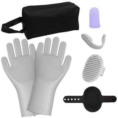 7PCS Pet Grooming Kit for Dogs and Cats，with Storage Bag & Includes Dog Washing Gloveswith High-Density Teeth, Adjustable Handle Dog Shampoo Brush, Dog Finger Toothbrush (Gray) - color: Gray
