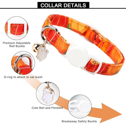 Unique style paws 2 Pack Kitten Collar Breakaway with Bell & Pendant, Adjustable Safety Cat Cotton Collars for Girl Boy Cats and Small Pets - color: pumpkin & maple party
