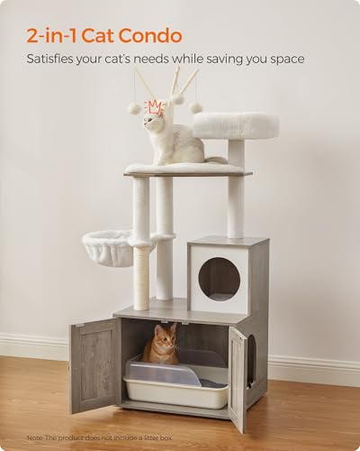 Feandrea Cat Tree with Litter Box Enclosure, 59-Inch Modern Cat Tower, 2-in-1 Condo with Scratching Posts, Washable Removable Cushion, Greige UPCT113G01 - color: Greige