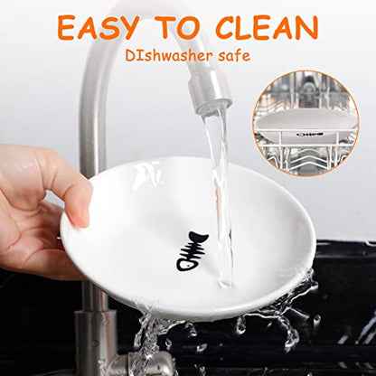 Ceramic Cat Food Plates for Wet Food, Wide Bowls to Stress Relief of Whisker Fatigue Cat Dishes, Shallow Bowls for Kittens and Small Animals with Non-Slip Mat