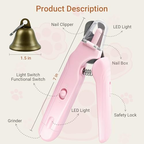 2 in 1 Cat & Dog Nail Clippers Grinder with Lights, Quick Sensor Safety Guard & Ultra-Quiet USB Rechargeable Cat & Dog Nail Trimmers, Dog Nail Grinder with 2 Bells for Women(Pink)