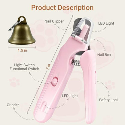 2 in 1 Cat & Dog Nail Clippers Grinder with Lights, Quick Sensor Safety Guard & Ultra-Quiet USB Rechargeable Cat & Dog Nail Trimmers, Dog Nail Grinder with 2 Bells for Women(Pink)
