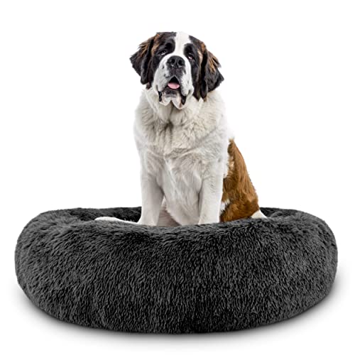 The Dog’s Bed Calming Donut Dog Bed, Plush Faux Fur Round Cuddler Nest – CertiPUR-Certified Foam, Removable Washable Zip Cover – XXL (54"), Grey - color: Dark Grey Fur, size: Xxl (54")