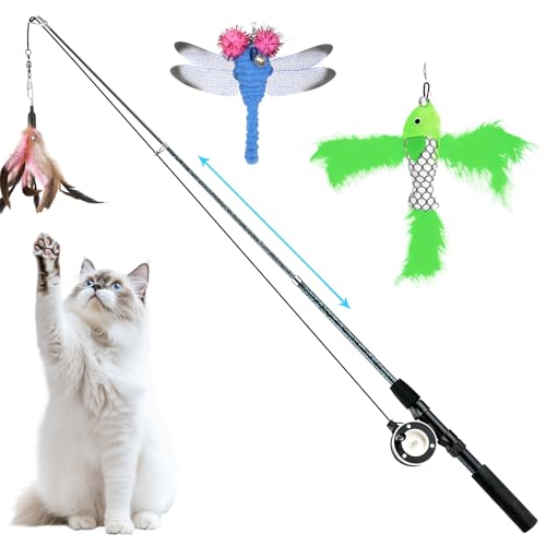 Pawaboo Interactive Cat Toy, Retractable Cat Fishing Rod with 3 Replacement Fishing Lures Made of Feathers and Bells, Adjustable Line Length, Feather Teaser for Cats, Kittens, Fun, Blue - color: Bionic Pink Feather