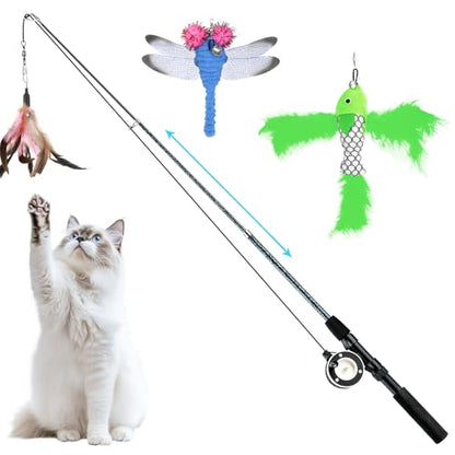Pawaboo Interactive Cat Toy, Retractable Cat Fishing Rod with 3 Replacement Fishing Lures Made of Feathers and Bells, Adjustable Line Length, Feather Teaser for Cats, Kittens, Fun, Blue - color: Bionic Pink Feather