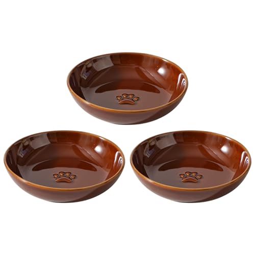 Havniva Ceramic Cat Bowl Whisker Friendly 5.5” Cat Dishes Shallow Cat Food Bowl Anti-Slip Pet Water Bowls for Indoor Cats, Wide Cat Food Dish Prevent Whisker Fatigue (3 Pack) - color: Caramel Brown - B