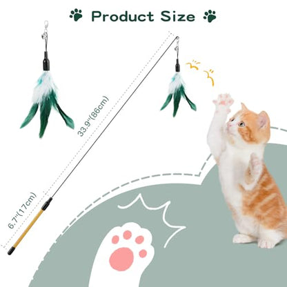 Pawaboo Feather Teaser Cat Toy, Interactive Feather Wand Cat Toy Flying Feather Cat Catcher with Extra Long 34.5" Wand and Small Bell, Fun Exerciser Playing Toy for Kitten or cat, White & Green - color: White & Green