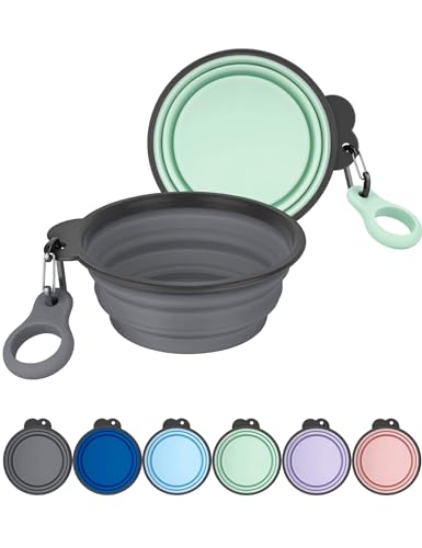 Aonkey Collapsible Dog Bowls with Bottle Carrier, 2 Pack Travel Dog Water Bowl Upgraded Carabiner, One-Piece Molded Rim No Fall Off or Crack, Foldable Silicone Portable for Pets Walking Hiking 37oz - color: 10. Gray & Sprout Green, size: Large (Pack of 2)