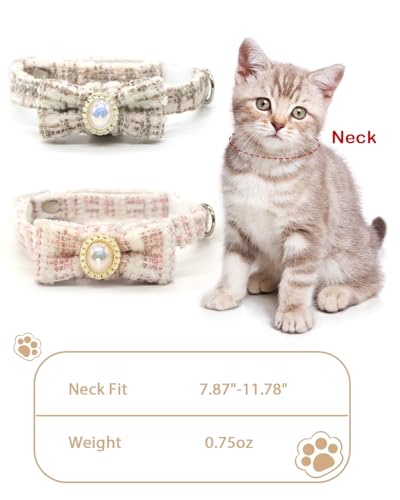 GoldTiger Cat Collar with Bow Tie, Cute Pearl Cat Collar with Breakaway, Suitable for Medium to Small Cats, Adjustable Size 7.87~11.81 Inches (Brown) - color: Brown