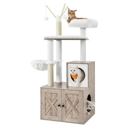 Feandrea Cat Tree with Litter Box Enclosure, 59-Inch Modern Cat Tower, 2-in-1 Condo with Scratching Posts, Washable Removable Cushion, Greige UPCT113G01 - color: Greige