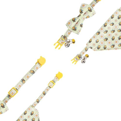 Cat Collar Breakaway with Cute Bow Tie Bandana and Bell Accessories Bee for Kitty Adjustable Safety - color: bee