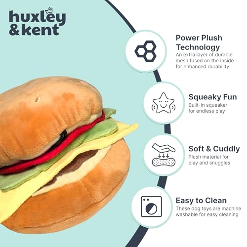 Huxley & Kent Funny Dog Toy w/Squeaker – Power Plush Squeaky Dog Toys for Small, Medium & Large Dogs – Soft Stuffed Animal for Indoor Play & Fetch - Hamburger, Small - size: Small, style: Hamburger