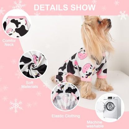 Dog Pajamas Small Sized Dogs Stretchable Summer Dog Clothes Pjs 4 Legs Girl Boy Cute Soft Puppy Outfits Doggie Cat Jammies Jumpsuit Sleeper for Pet, Pink Cow, S - color: Pink Cow, size: Small (Chest 13in )