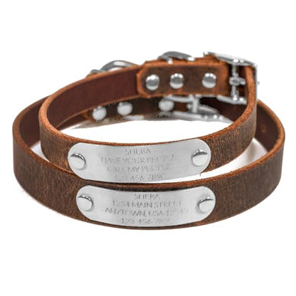 Handmade Personalized Bridle Leather Dog Collar, Engraved Stainless Steel Nameplate (Distressed Brown) - color: Distressed Brown