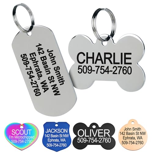 GoTags Stainless Steel Pet ID Tags, Personalized Dog Tags and Cat Tags, up to 8 Lines of Custom Text, Engraved on Both Sides, in Bone, Round, Heart, Bowtie and More (Rectangle, Regular (Pack of 1)) - size: Regular (Pack of 1), style: Rectangle