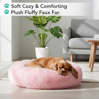 PetAmi Calming Dog Bed for Small & Medium Dogs and Cats, 23 Round Donut Dog Bed, Washable Fluffy Faux Fur Puppy & Cat Bed, Anti-Anxiety Plush Cuddler Pet Bed with Anti-Slip Bottom - Pink - color: Pink, size: Small - 23"