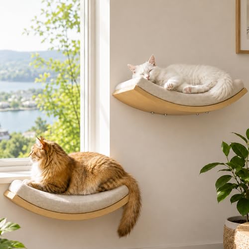 Cat Wall Shelf with Curved Hammock Bed, Wall Mounted Cat Perch with Beige Soft Foam Cushion, Floating Wall Furniture for Climbing, Sleeping & Lounging - color: Foam/Felt-Wood, size: 1 Curved Bed