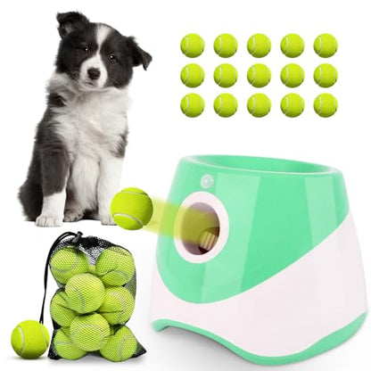 FAHKNS Automatic Dog Ball Launcher for Small Dogs, Indoor/Outdoor Interactive Dog Toy,USB Rechargeable Ball Thrower,10-30 Ft,Includes 15 Mini Tennis Balls,Green - size: 10-30FT for Small Dogs