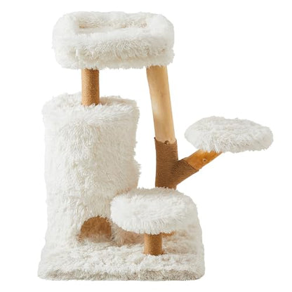35-Inch Cat Tree for Indoor Cats, Multi-Level Tower with Sisal Posts, Dual Condos, Cushioned Perches & Removable Soft Cover, Natural Wood, Modern Cat Furniture for Large Cats, White - color: White Grey