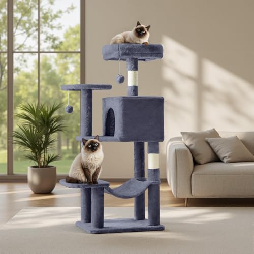 Cat Tree Tower 44 Inch, Small Cat Tower with Condo, Hammock, Sisal Scratching Posts, Extended Perch, Pet Play House for Indoor Kittens and Cats, Grey - color: Dark Grey, size: 44in