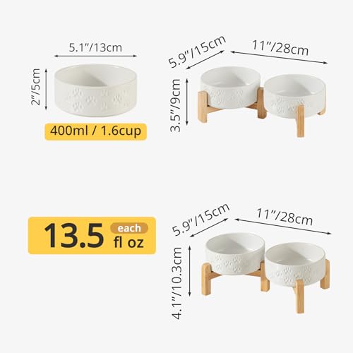 Elevated Ceramic Dog Bowl Set, 5.1" Dog Bowls with Dual Fixed Heights Stand, Elevated Food & Water Bowls for Adult Cats, Small-Breed Puppies, Non-Slip (Double Bowls + Stand - White, 5.1 inch) - color: Double Bowls + Stand - White, size: Xs - 5.1 Inch