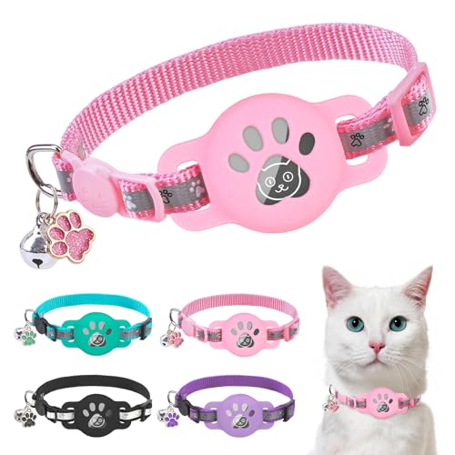 SCENEREAL Airtag Cat Collar Breakaway, Reflective Pink Cat Collar Airtag, GPS Cute Cat Collar with Bells and Apple Air Tag Holder, Glow in The Dark Pet Collars for Boy Girl Cats, Kittens, Puppies