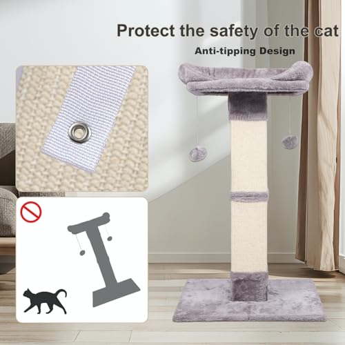 34" Tall Cat Scratching Post with Bed, Sisal Scratch Posts Trees with Plush Perch and Hanging Ball for Indoor Cats, Removable Cover, Large Scratch Post and Base, Rugged and Durable, Light Grey - color: Light grey