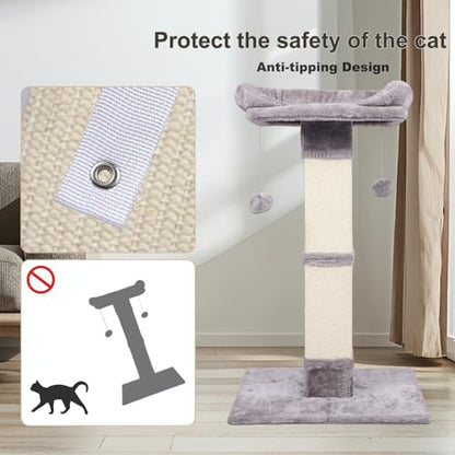 34" Tall Cat Scratching Post with Bed, Sisal Scratch Posts Trees with Plush Perch and Hanging Ball for Indoor Cats, Removable Cover, Large Scratch Post and Base, Rugged and Durable, Light Grey - color: Light grey