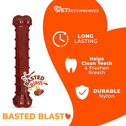 Nylabone Textured Bone Power Chew Toy for Dogs, Durable & Tough Dog Toys for Aggressive Chewers, Basted Blast Bacon and Steak Flavor, Large Dogs - Up to 50 lbs, 1 Count - size: Large