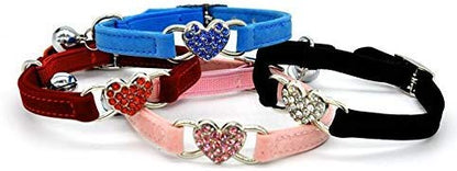 CHUKCHI Pink Soft Velvet Safe Cat Adjustable Collar with Crystal Heart Charm and Bells 8-11 Inches(Black+Red+Pink+Blue) - color: Black+Red+Pink+Blue