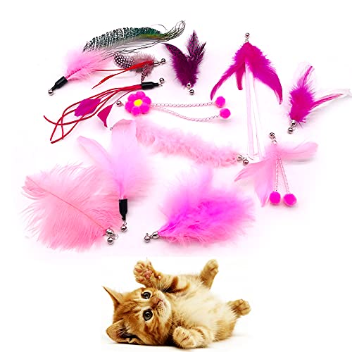 12pcs Cat Feather Toy Replacement for Wand Kitten Toys Interactive Training Bell Inside Playing Gift for Chasing Jumping Exercise Refill Feathers Toy (Pink+Rosepink) - color: Pink+Rosepink
