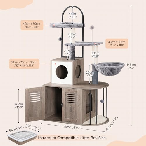 HOOBRO Cat Tree with Litter Box Enclosure, Arched All-in-One 31.5" Cat Tower with Hidden Litter Box Furniture for Indoor Cats, Versatile Cat Condo with Sisal Posts, Hammock, Greige and Gray BG45MZ03 - color: Greige and Gray
