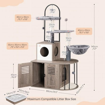 HOOBRO Cat Tree with Litter Box Enclosure, Arched All-in-One 31.5" Cat Tower with Hidden Litter Box Furniture for Indoor Cats, Versatile Cat Condo with Sisal Posts, Hammock, Greige and Gray BG45MZ03 - color: Greige and Gray