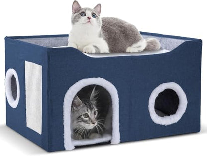 Cat House for Indoor Cats – Foldable Cat Cave & Covered Cat Bed, Cozy Hideaway for Small Pets and Large Cats (23.6"x16"x12.8"),Navy Blue - style: Navy Blue