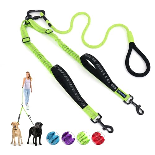 Double Dog Leash No Tangle – Dual Dog Leash for 2 Dogs with Shock Absorbing Bungee, 360° Swivel, Reflective Safety, Heavy Duty for Medium & Large Dogs (Neon Green) - color: Neon Green