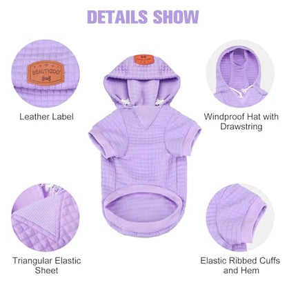 BEAUTYZOO Small Dog Hoodie Sweater with Pockets, Dog Clothes for Small Medium Dogs Boy Girl, Waffle-Like Laminated Cotton Pet Coats with Hat and Leash Hole, Purple S - color: Purple, size: S (Back: 12",Chest: 16", Neck: 10")