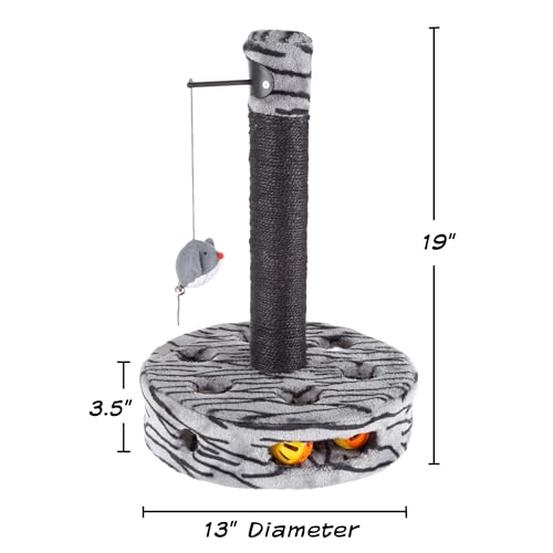 Cat Scratching Post - Interactive Play Area with Sisal Rope Scratcher and Hanging Toy for Indoor Cats - Scratch Tree for Pets by PETMAKER (Black/Gray)