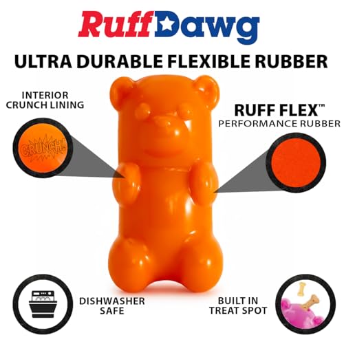 Ruff Dawg Gummy Bear Crunch Dog Toy – (1 pc) Assorted Colors – Loud Crinkle Rubber Fetch Toy with Treat Slot – Bouncy Ruff Flex Shell, Floats – Made in USA
